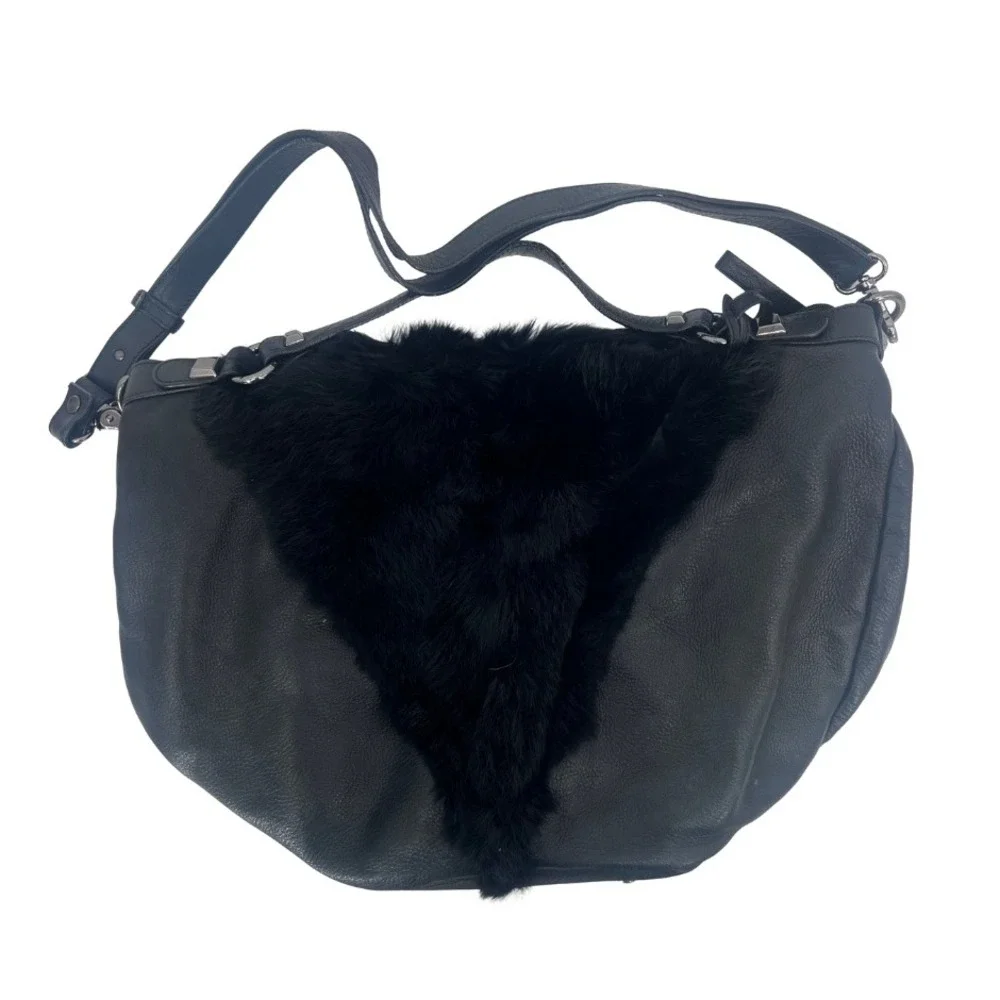 Abro‎ Black Leather & Faux Fur Studded Slouchy Shoulder Bag Dark Edgy Mob Wife